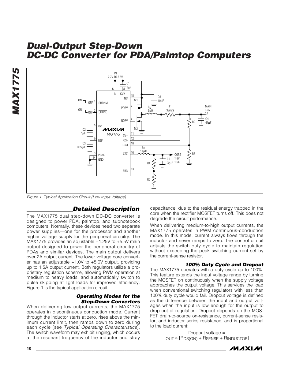 Detailed description, Operating modes for the step-down converters, 100% duty cycle and dropout | Rainbow Electronics MAX1775 User Manual | Page 10 / 15