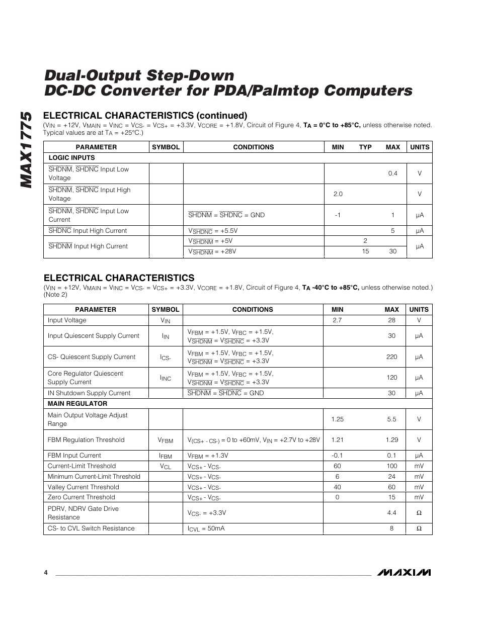 Electrical characteristics (continued), Electrical characteristics | Rainbow Electronics MAX1775 User Manual | Page 4 / 15