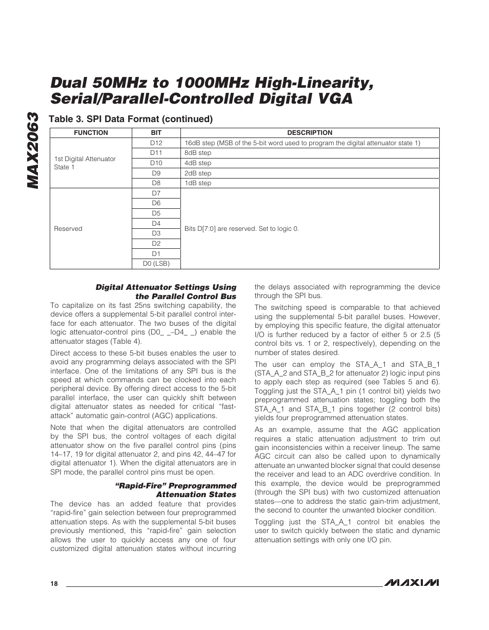 Table 3. spi data format (continued) | Rainbow Electronics MAX2063 User Manual | Page 18 / 22