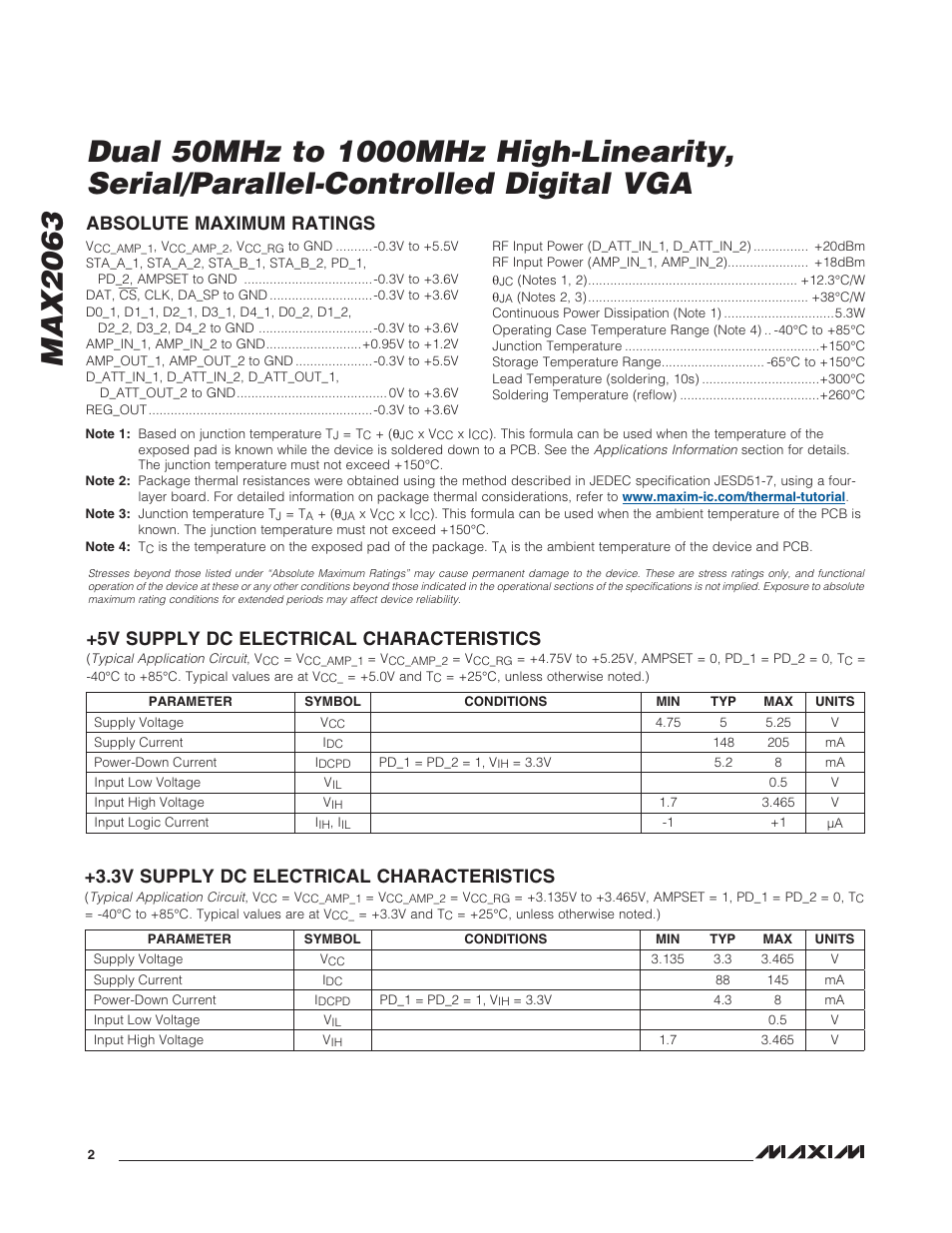 5v supply dc electrical characteristics, 3v supply dc electrical characteristics, Absolute maximum ratings | Rainbow Electronics MAX2063 User Manual | Page 2 / 22