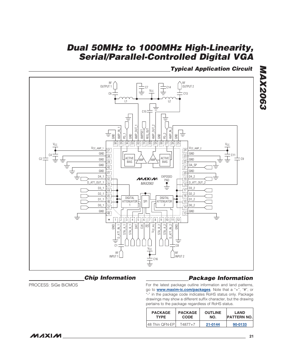 Typical application circuit chip information, Package information | Rainbow Electronics MAX2063 User Manual | Page 21 / 22
