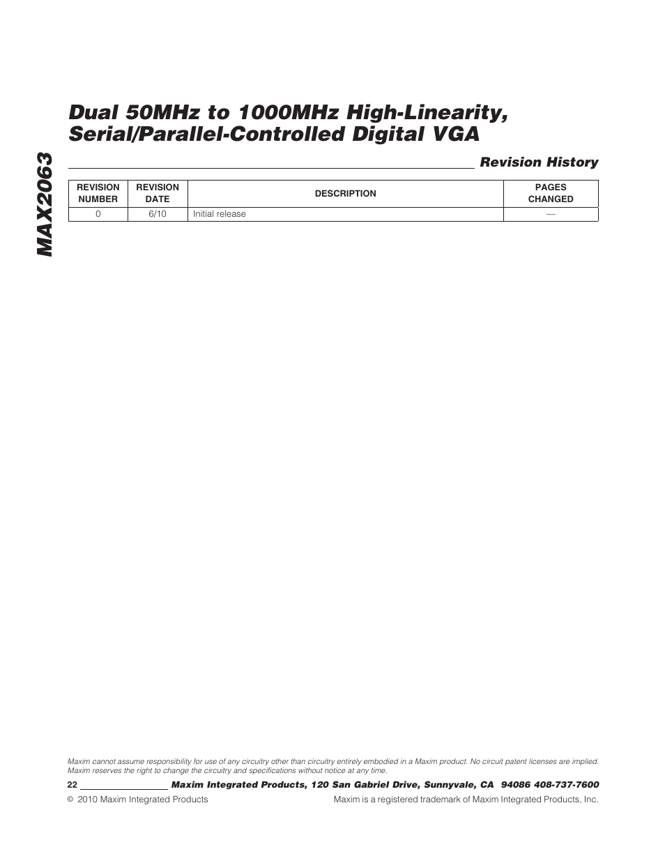 Revision history | Rainbow Electronics MAX2063 User Manual | Page 22 / 22