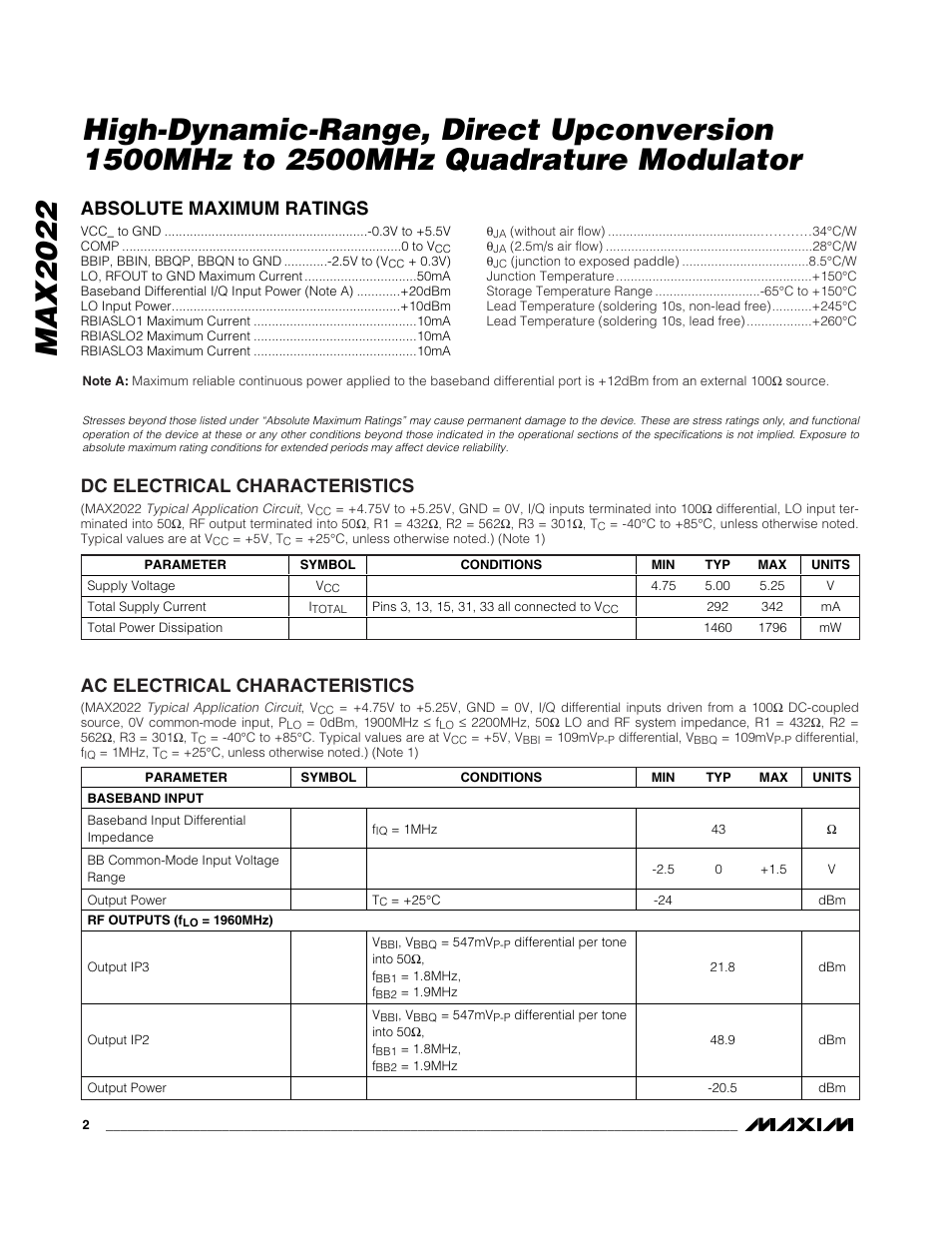 Absolute maximum ratings, Dc electrical characteristics, Ac electrical characteristics | Rainbow Electronics MAX2022 User Manual | Page 2 / 14