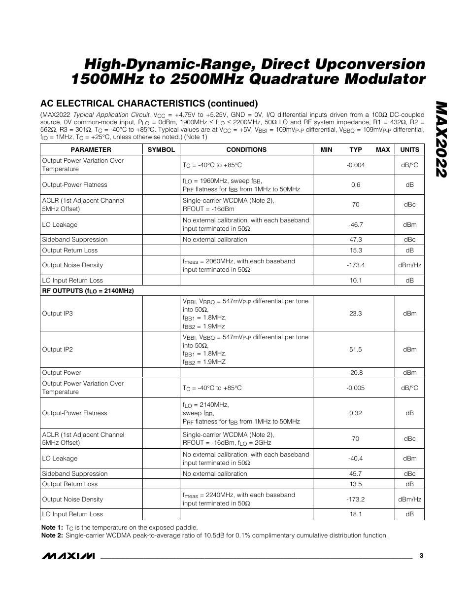 Ac electrical characteristics (continued) | Rainbow Electronics MAX2022 User Manual | Page 3 / 14