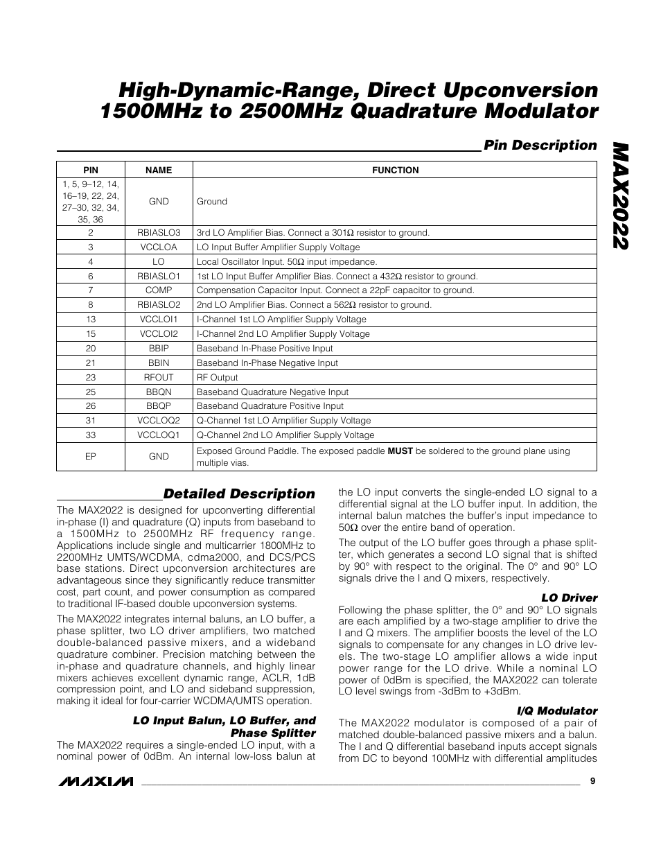 Max2022, Detailed description, Pin description | Rainbow Electronics MAX2022 User Manual | Page 9 / 14