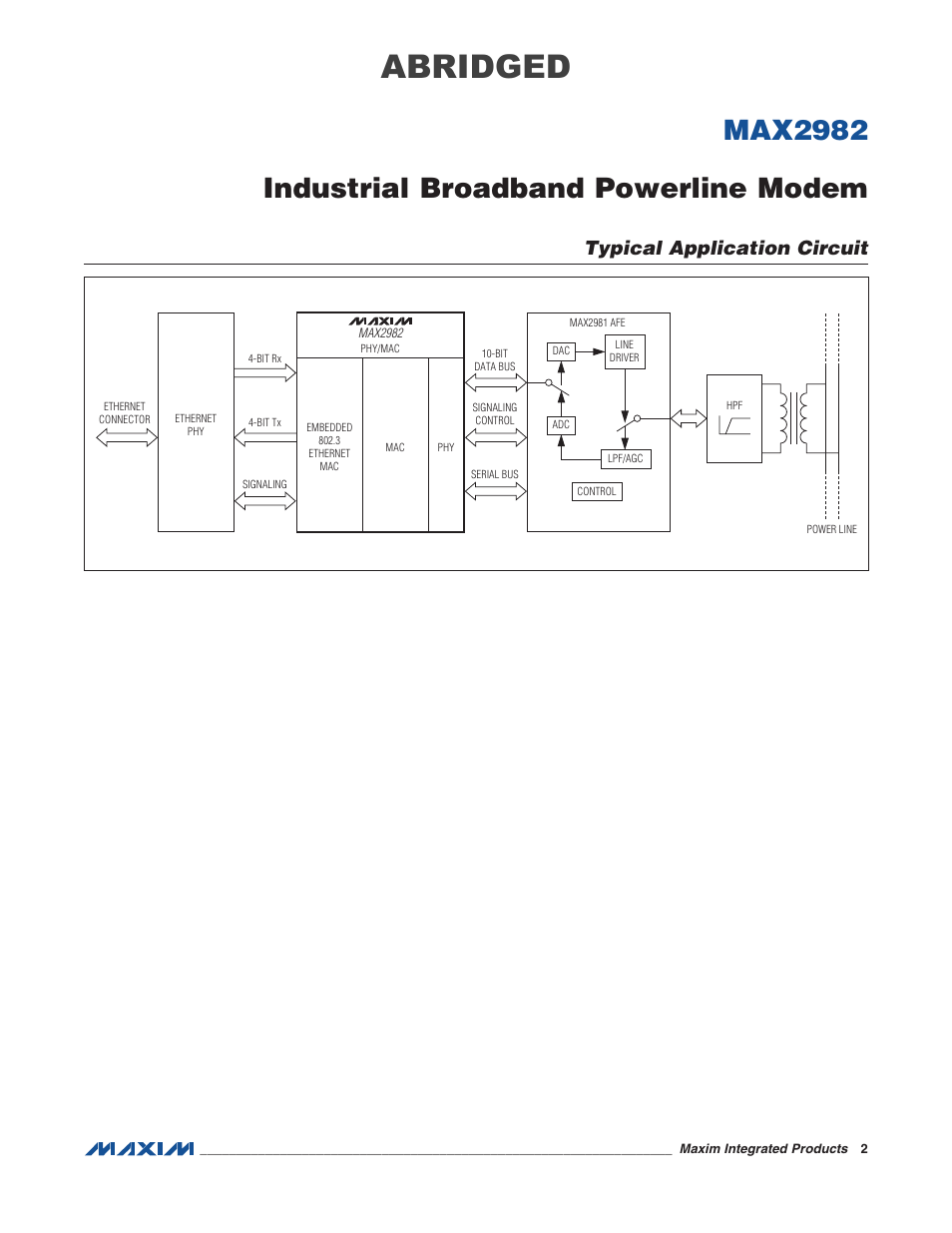 Typical application circuit, Abridged, Max2982 industrial broadband powerline modem | Rainbow Electronics MAX2982 User Manual | Page 2 / 3