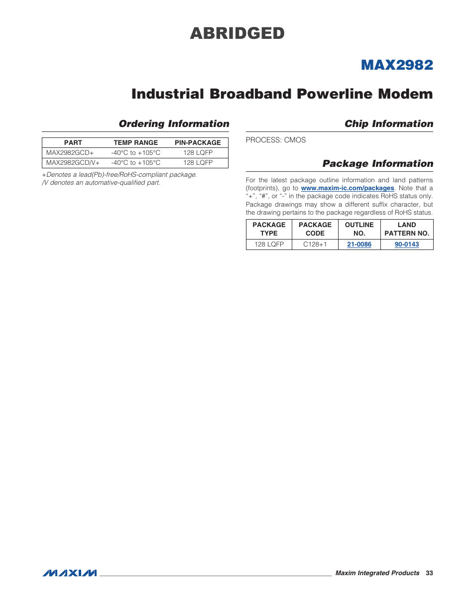 Ordering information, Chip information, Package information | Abridged, Max2982 industrial broadband powerline modem | Rainbow Electronics MAX2982 User Manual | Page 3 / 3