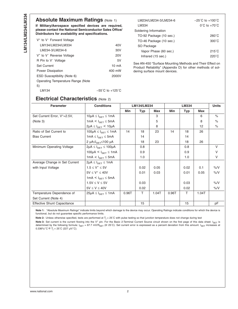 Absolute maximum ratings, Electrical characteristics | Rainbow Electronics LM334 User Manual | Page 2 / 15