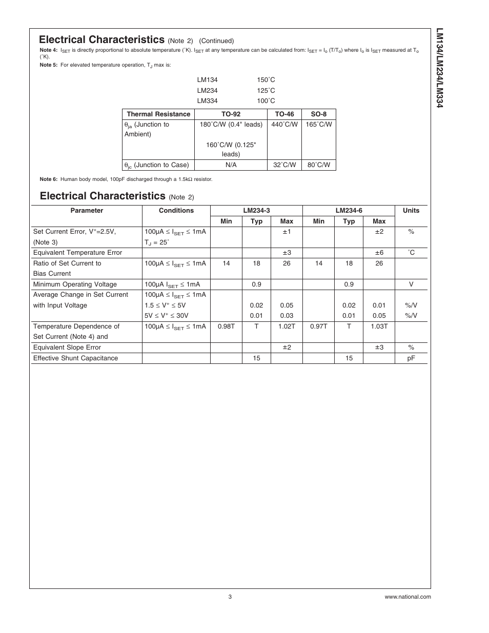 Electrical characteristics, Note 6), Note | Note 4) | Rainbow Electronics LM334 User Manual | Page 3 / 15