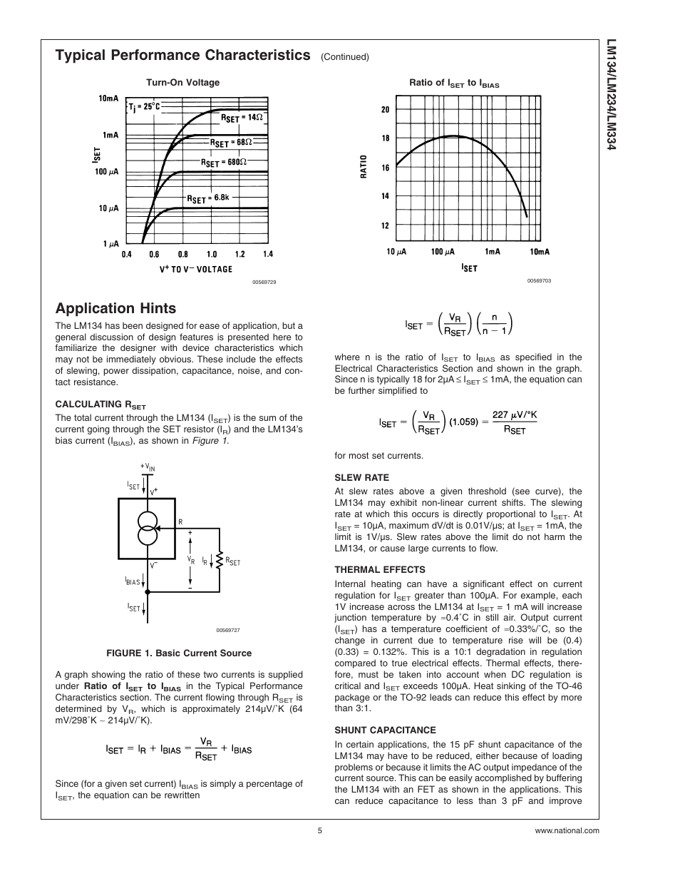 Application hints, Calculating rset, Figure 1. basic current source | Slew rate, Thermal effects, Shunt capacitance, Typical performance characteristics | Rainbow Electronics LM334 User Manual | Page 5 / 15