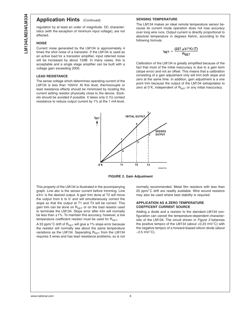 Noise, Lead resistance, Sensing temperature | Figure 2. gain adjustment, Application hints | Rainbow Electronics LM334 User Manual | Page 6 / 15