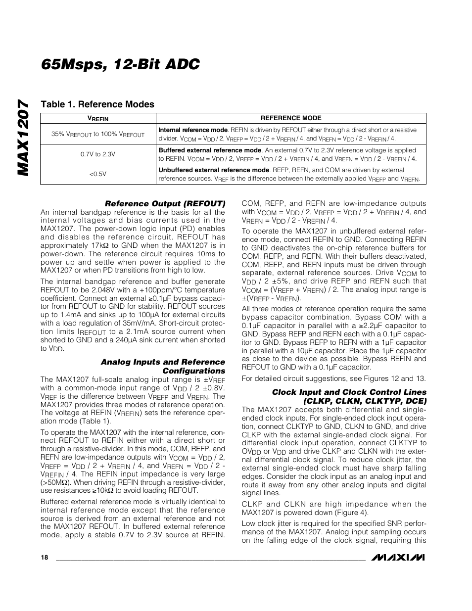 Table 1. reference modes | Rainbow Electronics MAX1207 User Manual | Page 18 / 29