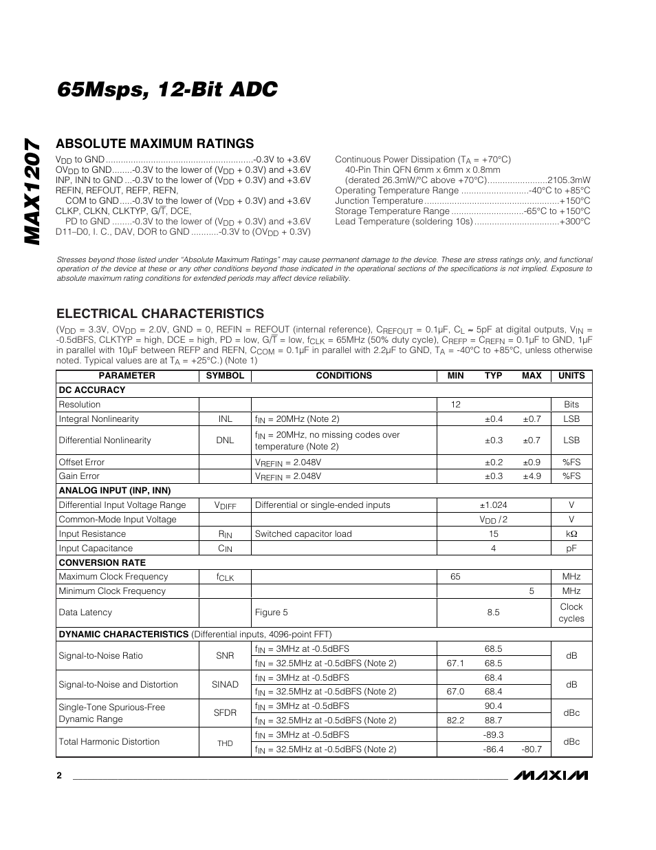 Absolute maximum ratings, Electrical characteristics | Rainbow Electronics MAX1207 User Manual | Page 2 / 29