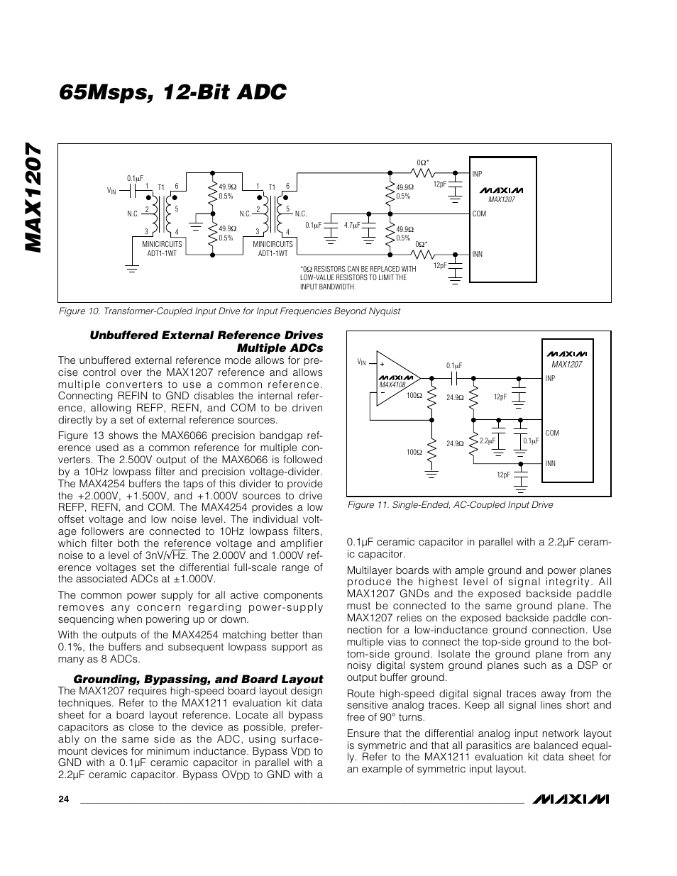Unbuffered external reference drives multiple adcs, Grounding, bypassing, and board layout | Rainbow Electronics MAX1207 User Manual | Page 24 / 29