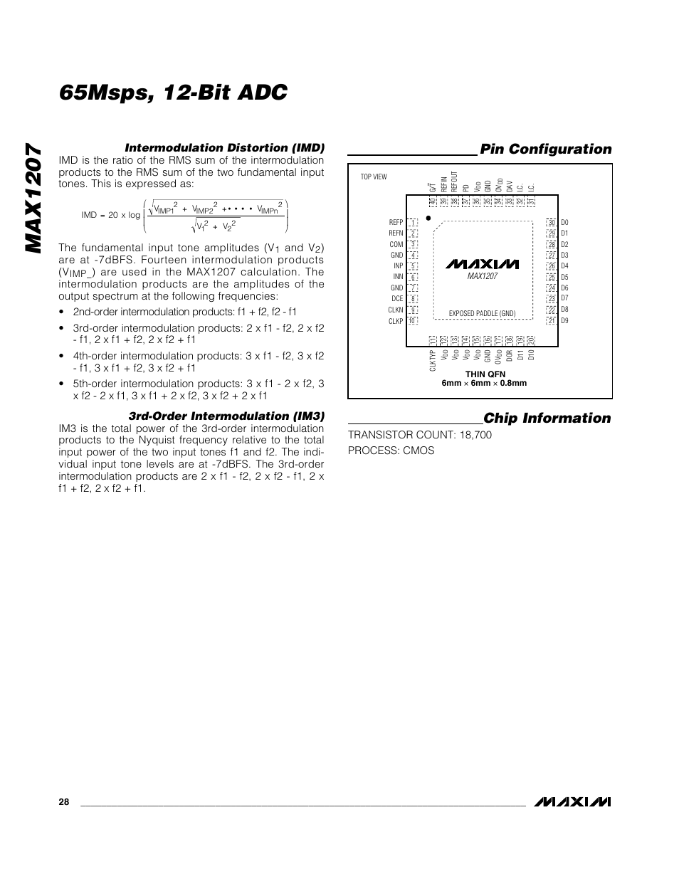 Chip information, Pin configuration, Intermodulation distortion (imd) | 3rd-order intermodulation (im3) | Rainbow Electronics MAX1207 User Manual | Page 28 / 29