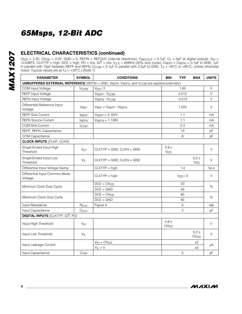 Electrical characteristics (continued) | Rainbow Electronics MAX1207 User Manual | Page 4 / 29