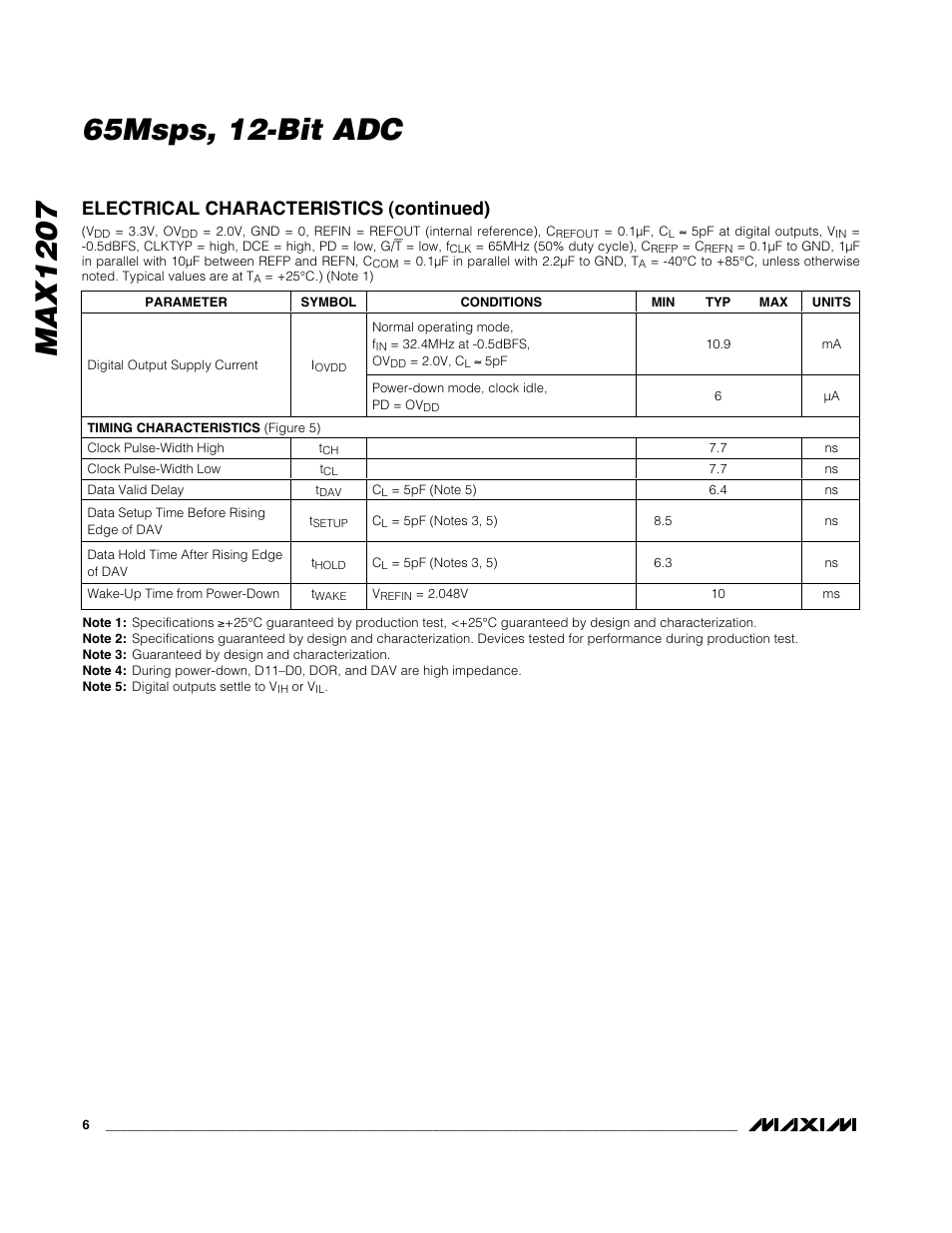 Electrical characteristics (continued) | Rainbow Electronics MAX1207 User Manual | Page 6 / 29
