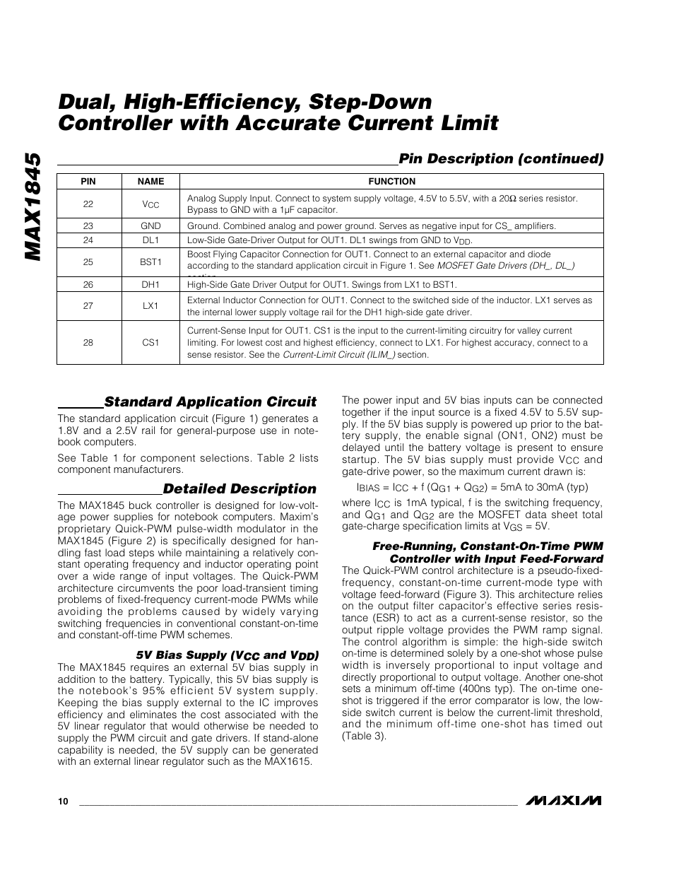 Pin description (continued), Standard application circuit, Detailed description | Rainbow Electronics MAX1845 User Manual | Page 10 / 24