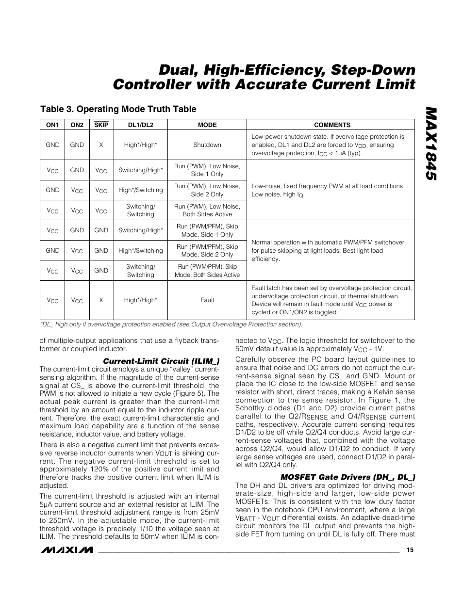 Table 3. operating mode truth table | Rainbow Electronics MAX1845 User Manual | Page 15 / 24