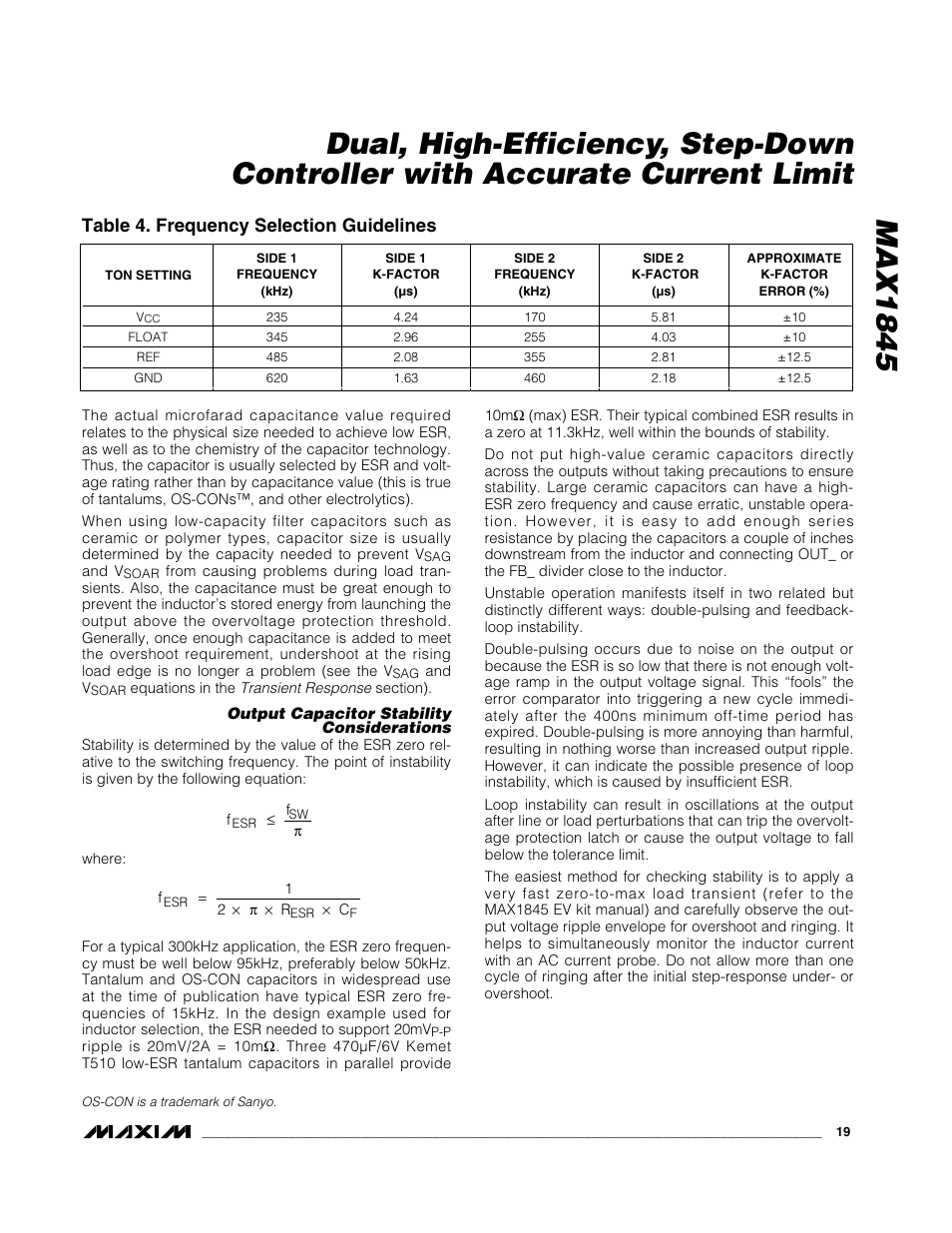 Table 4. frequency selection guidelines | Rainbow Electronics MAX1845 User Manual | Page 19 / 24