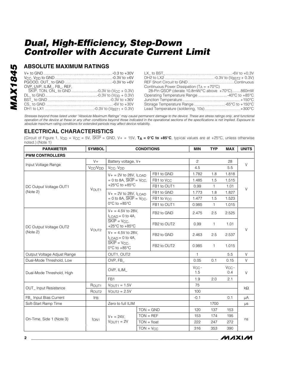 Absolute maximum ratings, Electrical characteristics | Rainbow Electronics MAX1845 User Manual | Page 2 / 24