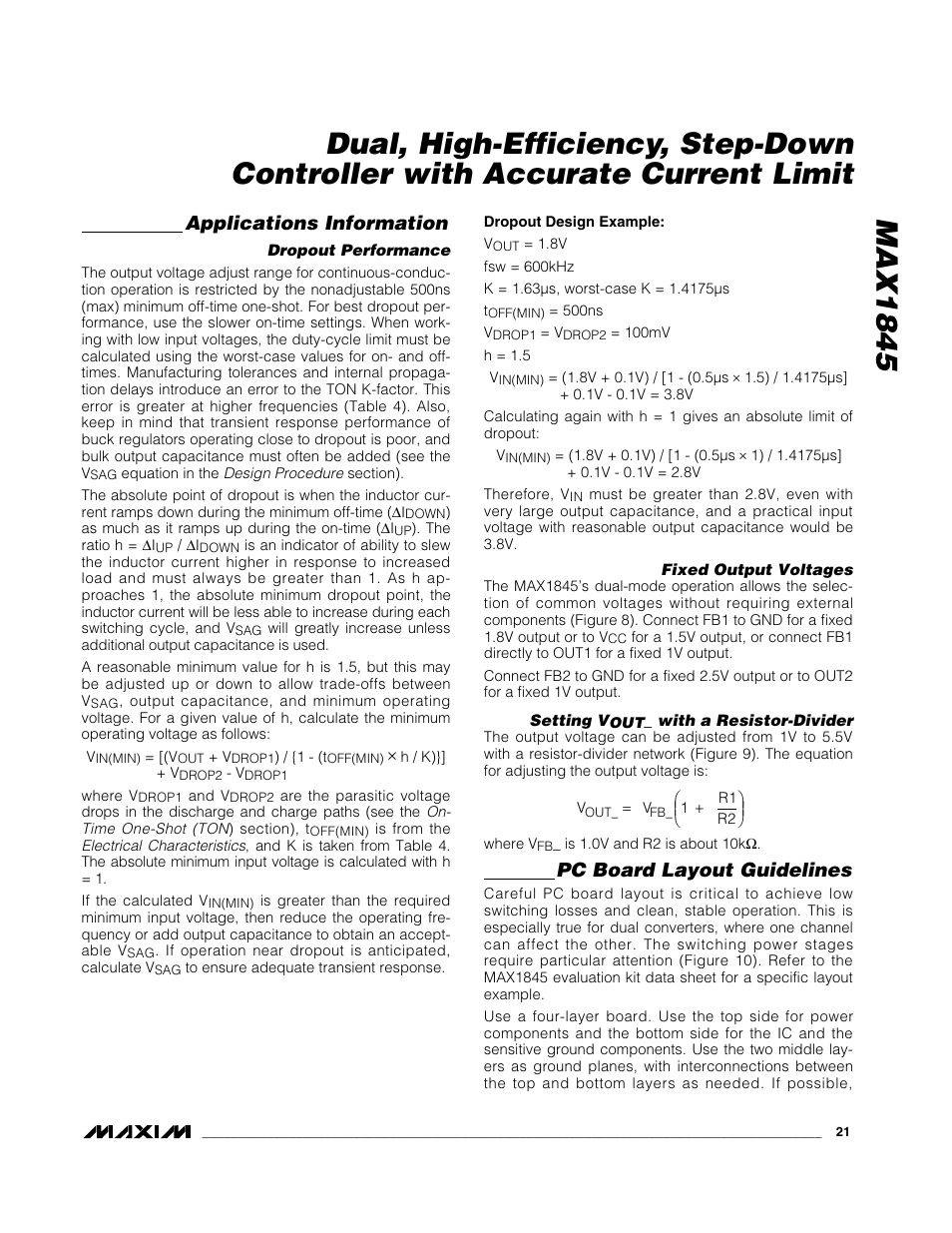 Applications information, Pc board layout guidelines | Rainbow Electronics MAX1845 User Manual | Page 21 / 24