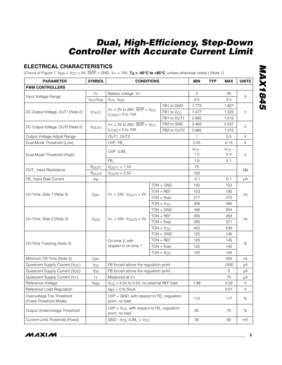 Electrical characteristics | Rainbow Electronics MAX1845 User Manual | Page 5 / 24