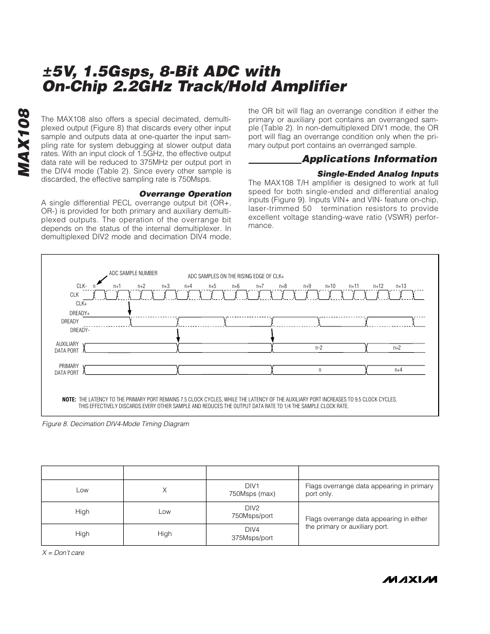Max108, Applications information, Table 2. demultiplexer operation | Rainbow Electronics MAX108 User Manual | Page 16 / 32