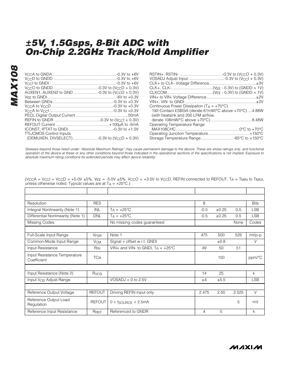 Absolute maximum ratings, Dc electrical characteristics | Rainbow Electronics MAX108 User Manual | Page 2 / 32