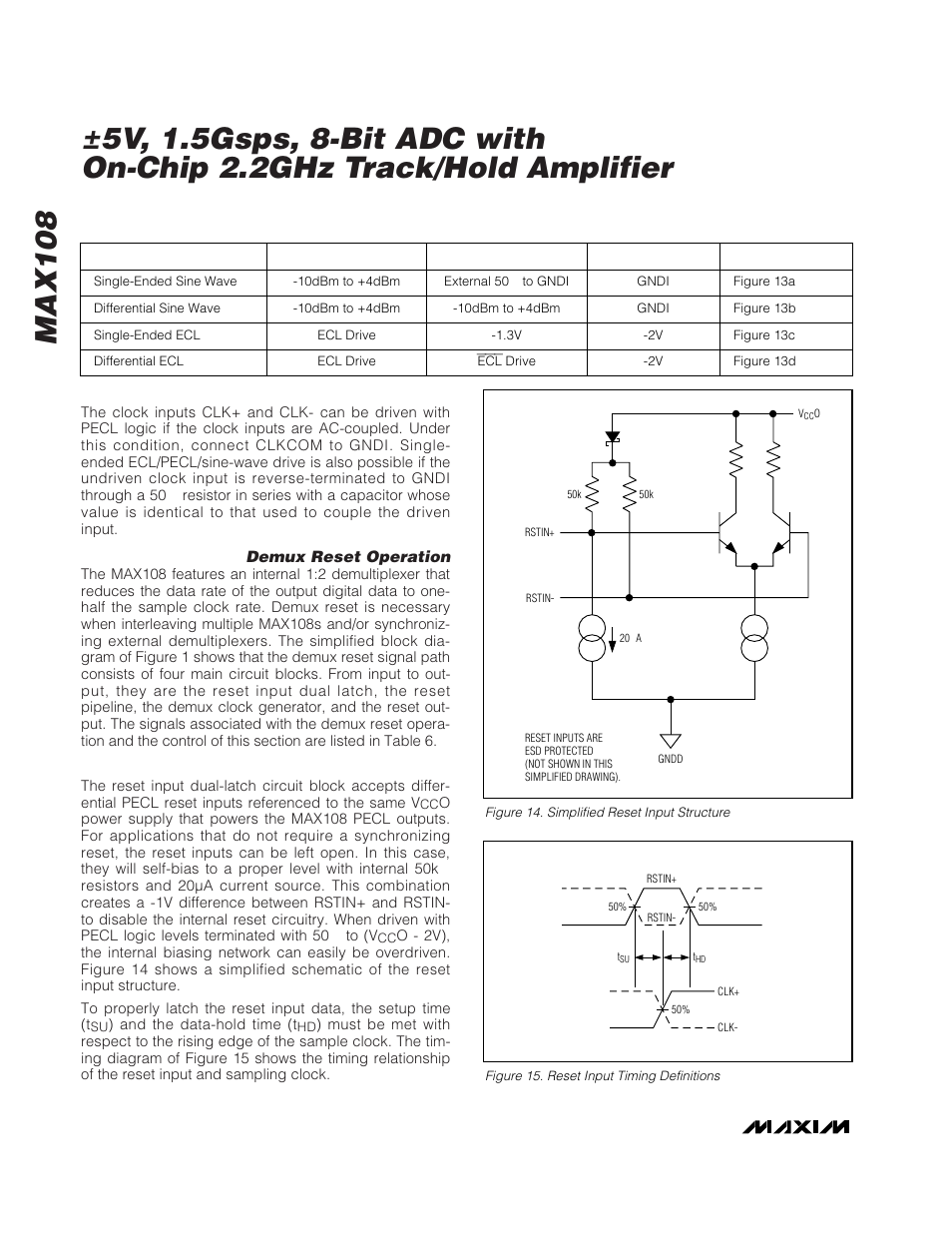 Max108, Table 5. dc-coupled clock drive options | Rainbow Electronics MAX108 User Manual | Page 20 / 32
