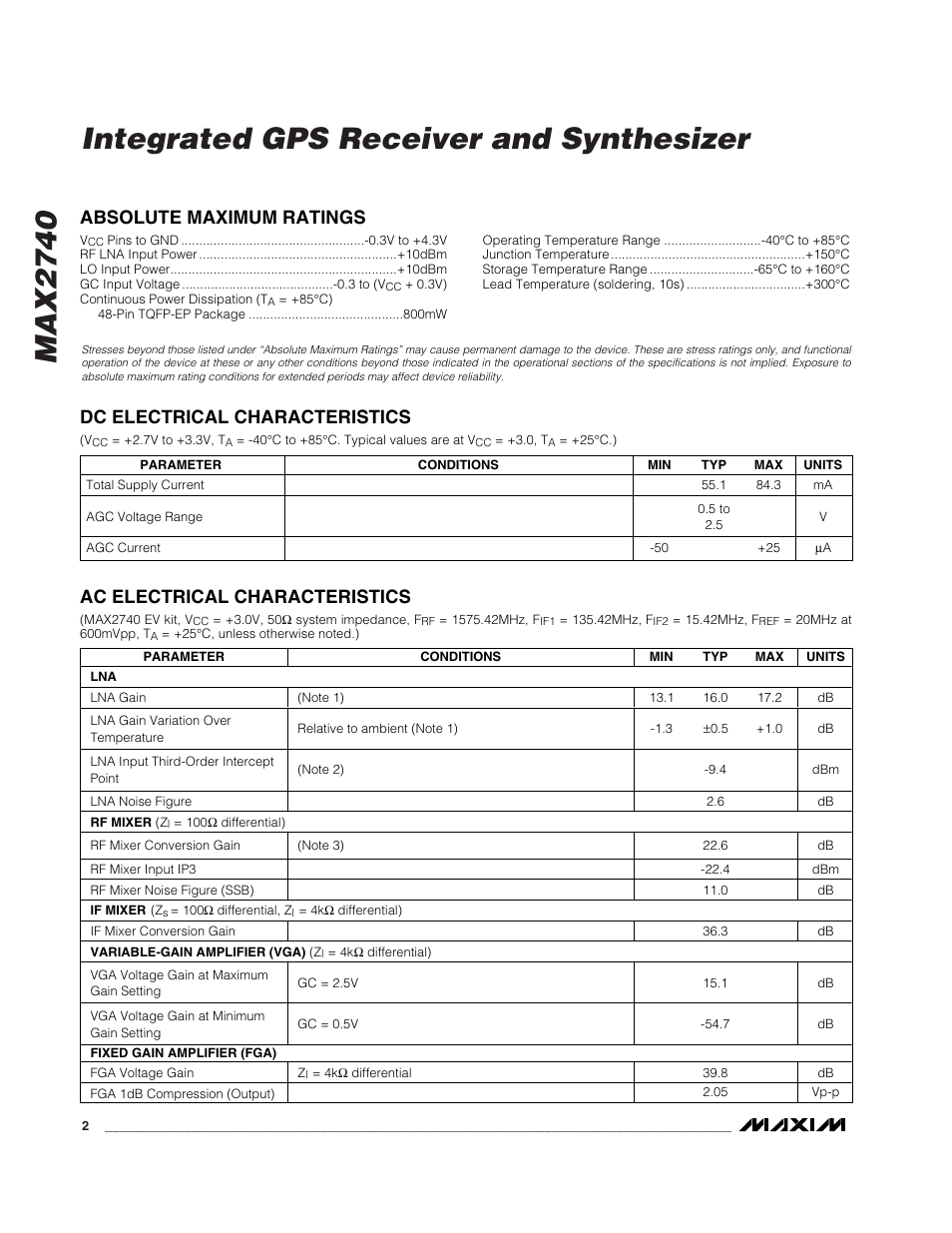 Max2740 integrated gps receiver and synthesizer, Ac electrical characteristics | Rainbow Electronics MAX2740 User Manual | Page 2 / 8