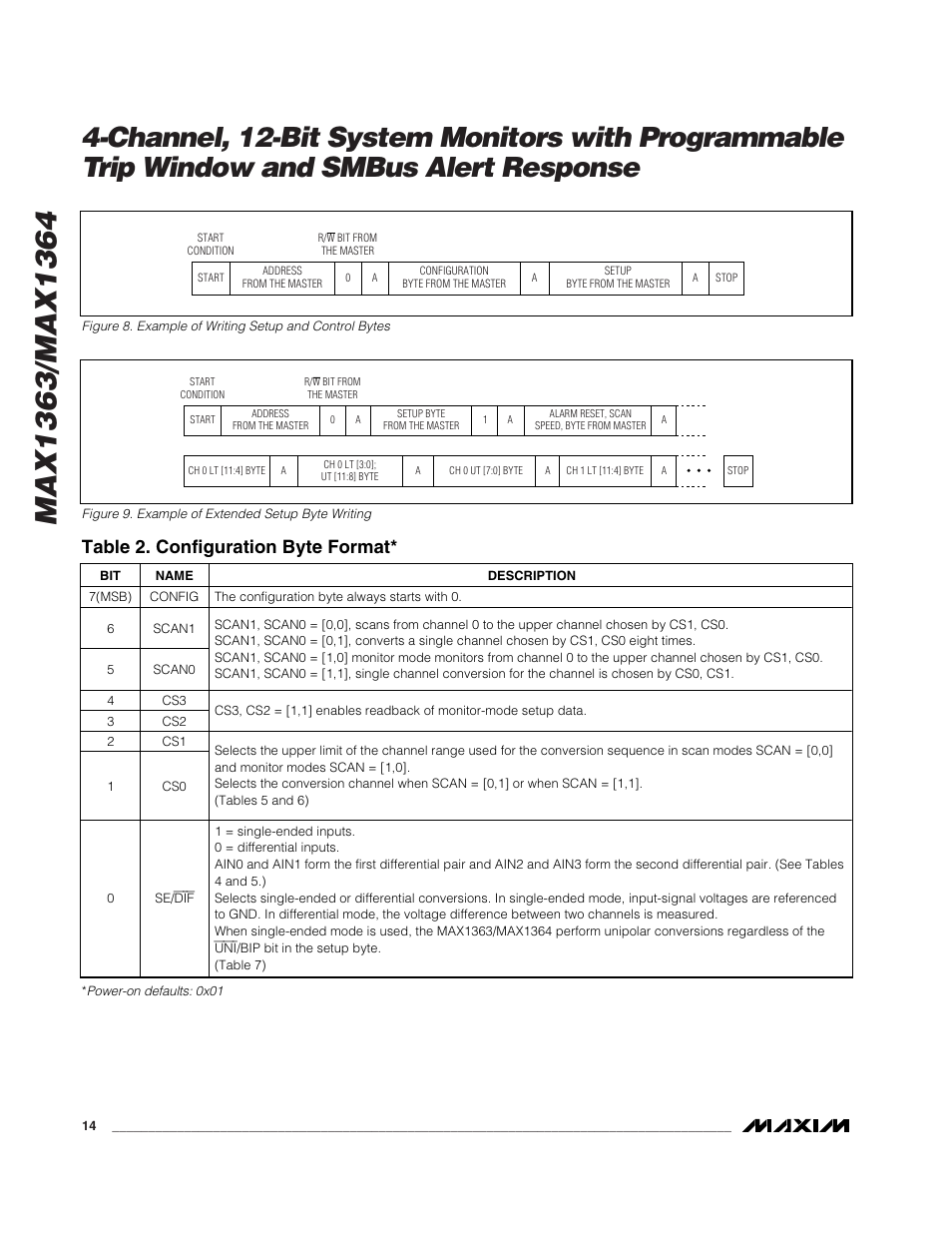 Table 2. configuration byte format | Rainbow Electronics MAX1364 User Manual | Page 14 / 24