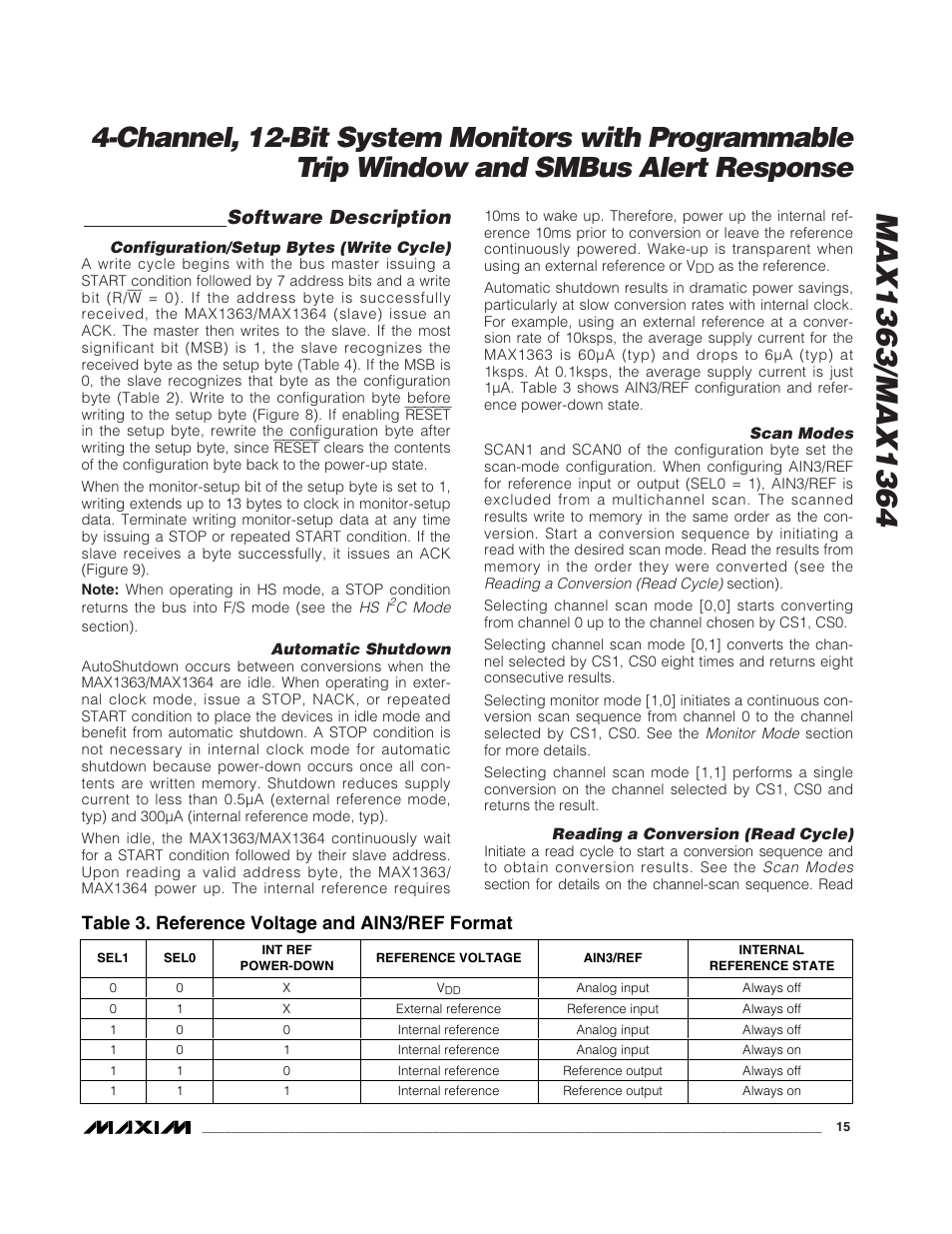 Software description, Table 3. reference voltage and ain3/ref format | Rainbow Electronics MAX1364 User Manual | Page 15 / 24