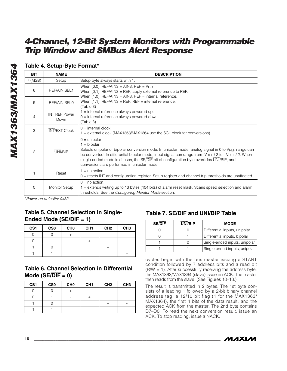 Table 4. setup-byte format, Table 7. se/ dif and uni /bip table | Rainbow Electronics MAX1364 User Manual | Page 16 / 24