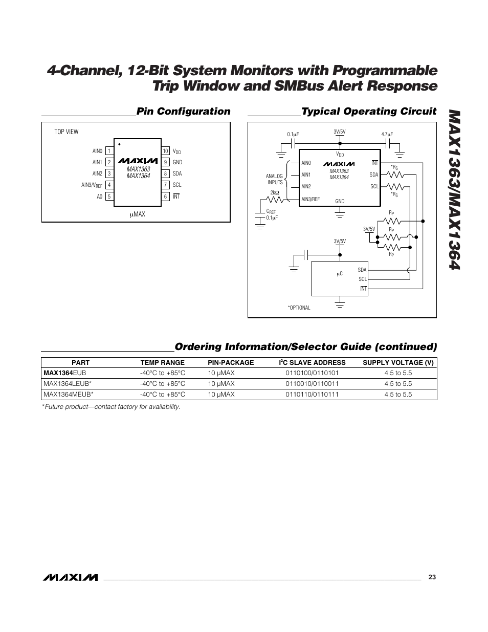 Ordering information/selector guide (continued), Pin configuration, Typical operating circuit | Rainbow Electronics MAX1364 User Manual | Page 23 / 24