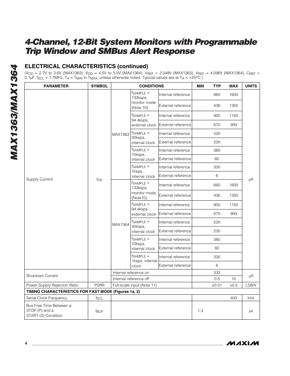 Electrical characteristics (continued) | Rainbow Electronics MAX1364 User Manual | Page 4 / 24