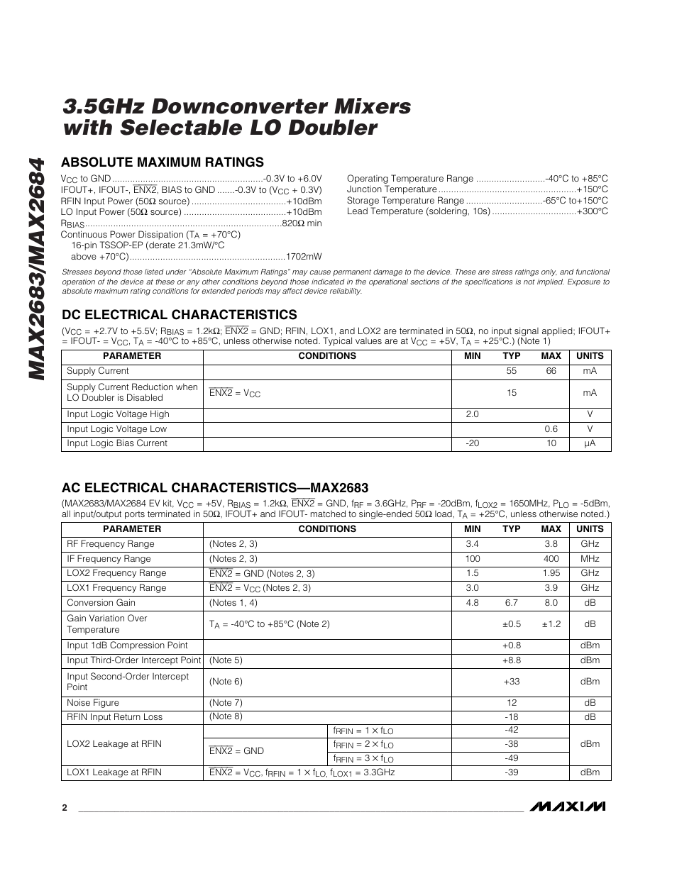 Ac electrical characteristics—max2683 | Rainbow Electronics MAX2684 User Manual | Page 2 / 17