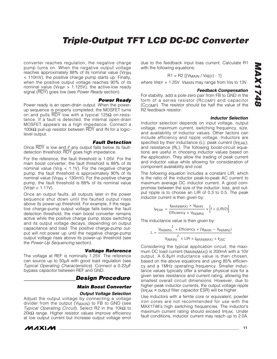 Max1748 triple-output tft lcd dc-dc converter, Design procedure | Rainbow Electronics MAX1748 User Manual | Page 11 / 16