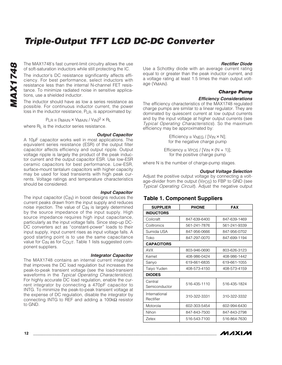 Max1748 triple-output tft lcd dc-dc converter, Table 1. component suppliers | Rainbow Electronics MAX1748 User Manual | Page 12 / 16