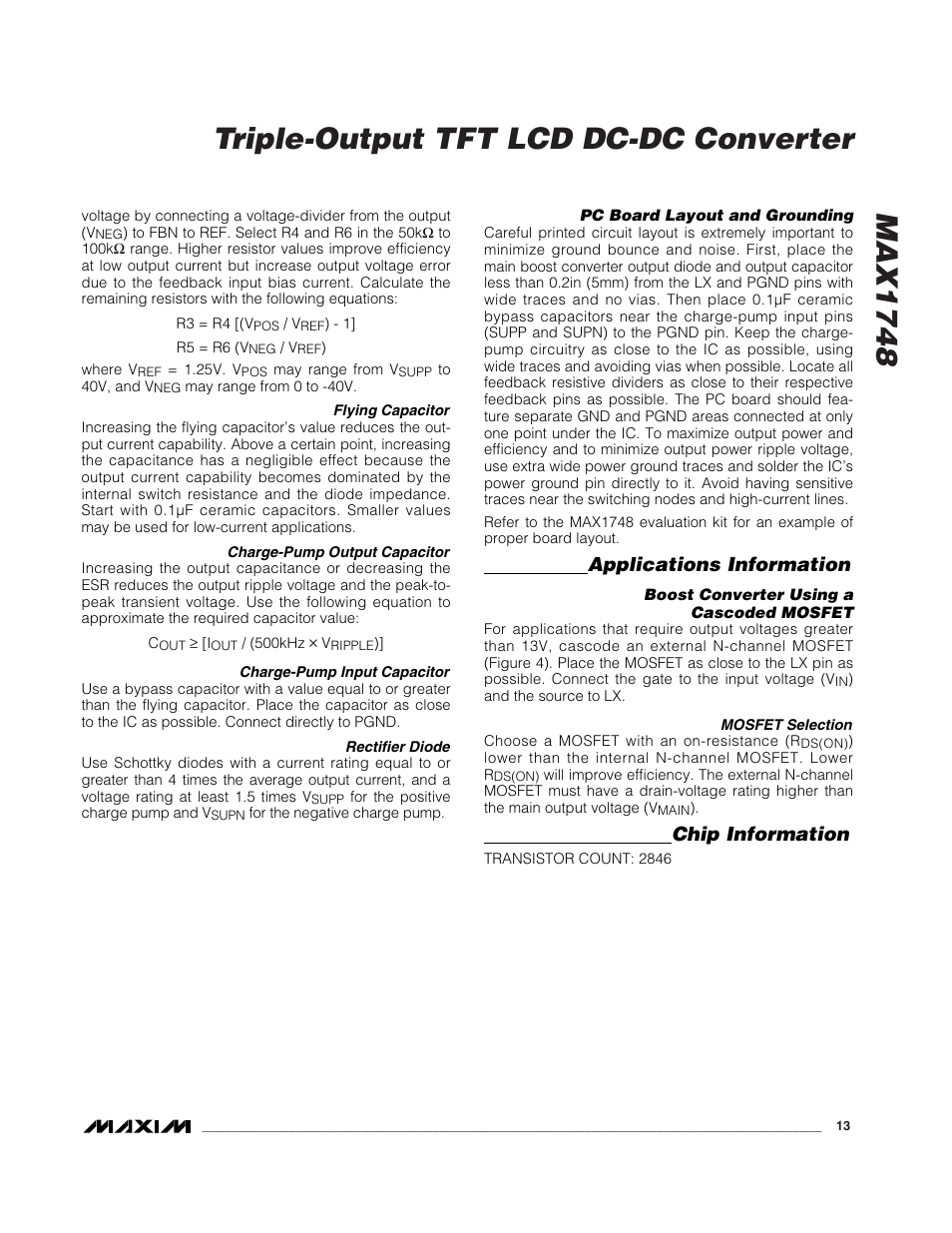Max1748 triple-output tft lcd dc-dc converter, Applications information, Chip information | Rainbow Electronics MAX1748 User Manual | Page 13 / 16