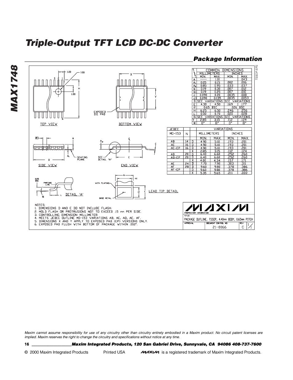 Max1748 triple-output tft lcd dc-dc converter, Package information | Rainbow Electronics MAX1748 User Manual | Page 16 / 16