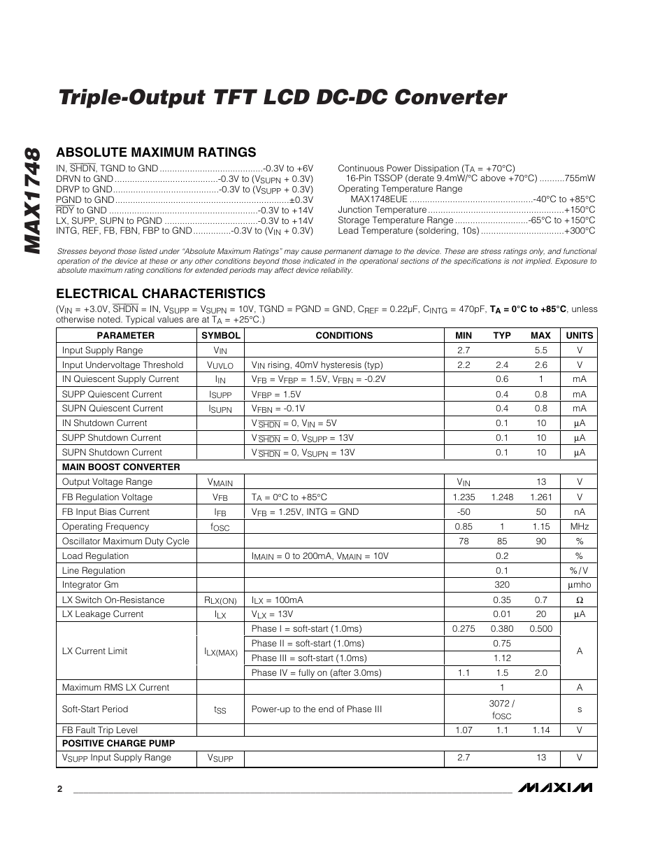 Max1748 triple-output tft lcd dc-dc converter | Rainbow Electronics MAX1748 User Manual | Page 2 / 16
