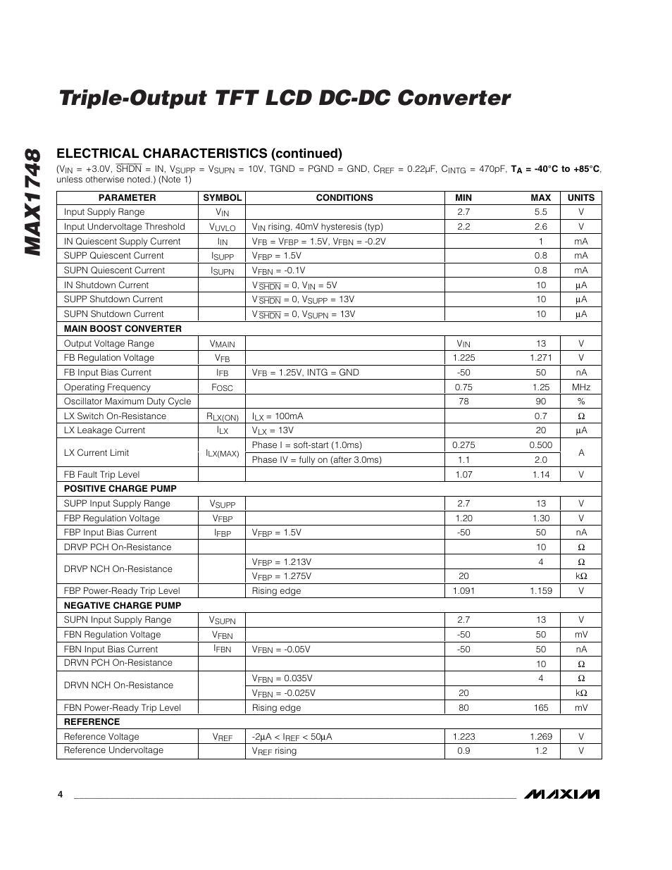 Max1748 triple-output tft lcd dc-dc converter, Electrical characteristics (continued) | Rainbow Electronics MAX1748 User Manual | Page 4 / 16