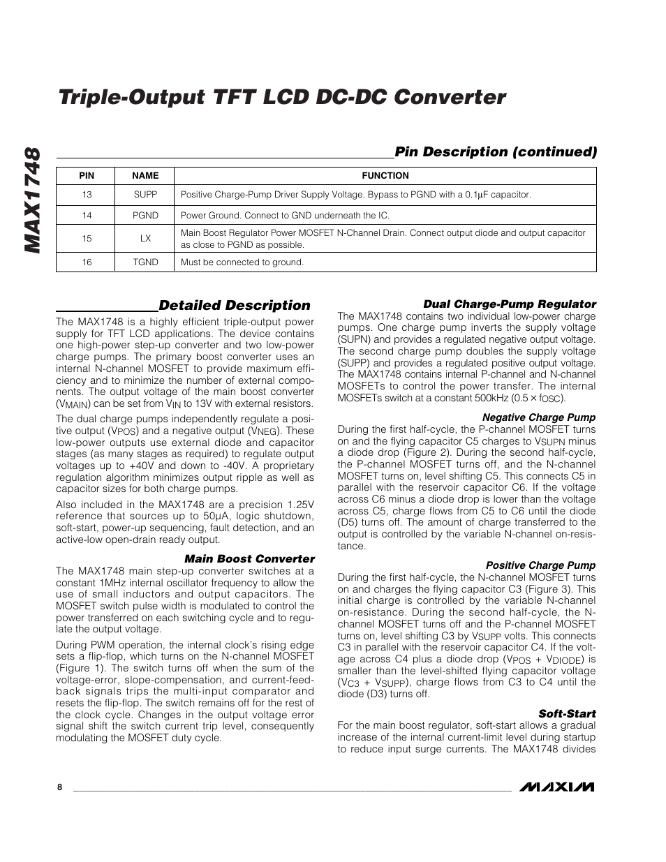 Max1748 triple-output tft lcd dc-dc converter, Detailed description, Pin description (continued) | Rainbow Electronics MAX1748 User Manual | Page 8 / 16