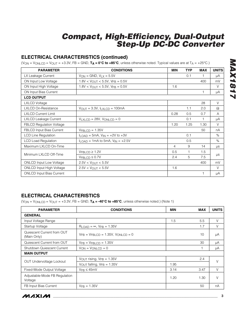 Electrical characteristics (continued), Electrical characteristics | Rainbow Electronics MAX1817 User Manual | Page 3 / 12