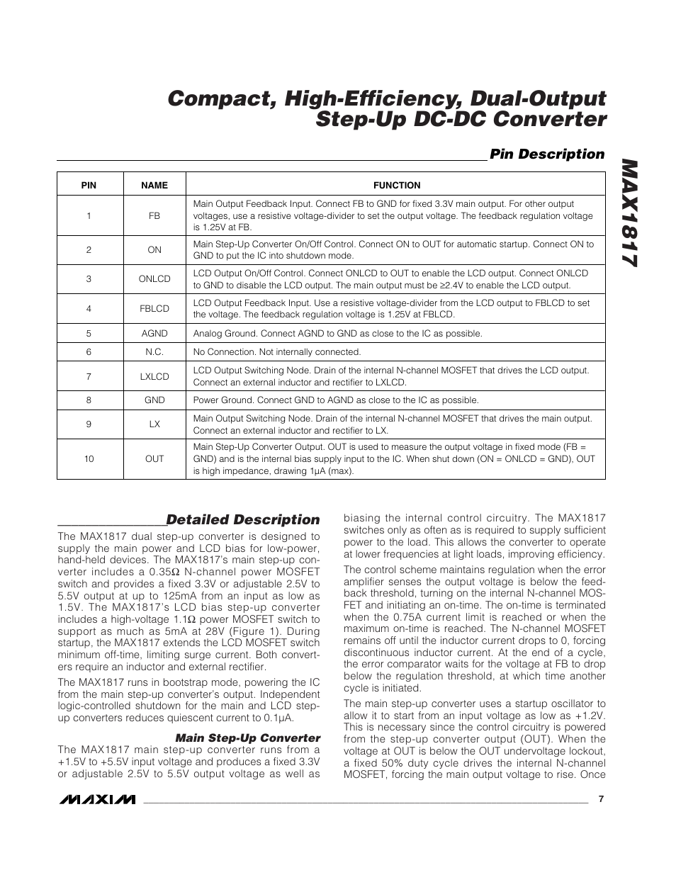 Detailed description, Pin description | Rainbow Electronics MAX1817 User Manual | Page 7 / 12