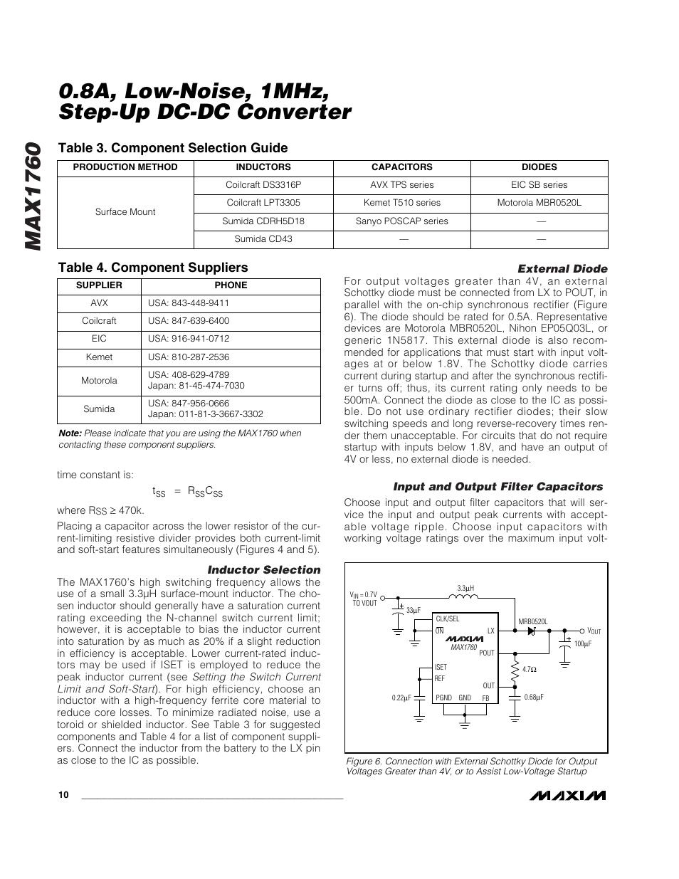 Max1760, 8a, low-noise, 1mhz, step-up dc-dc converter, Table 3. component selection guide | Table 4. component suppliers | Rainbow Electronics MAX1760 User Manual | Page 10 / 12