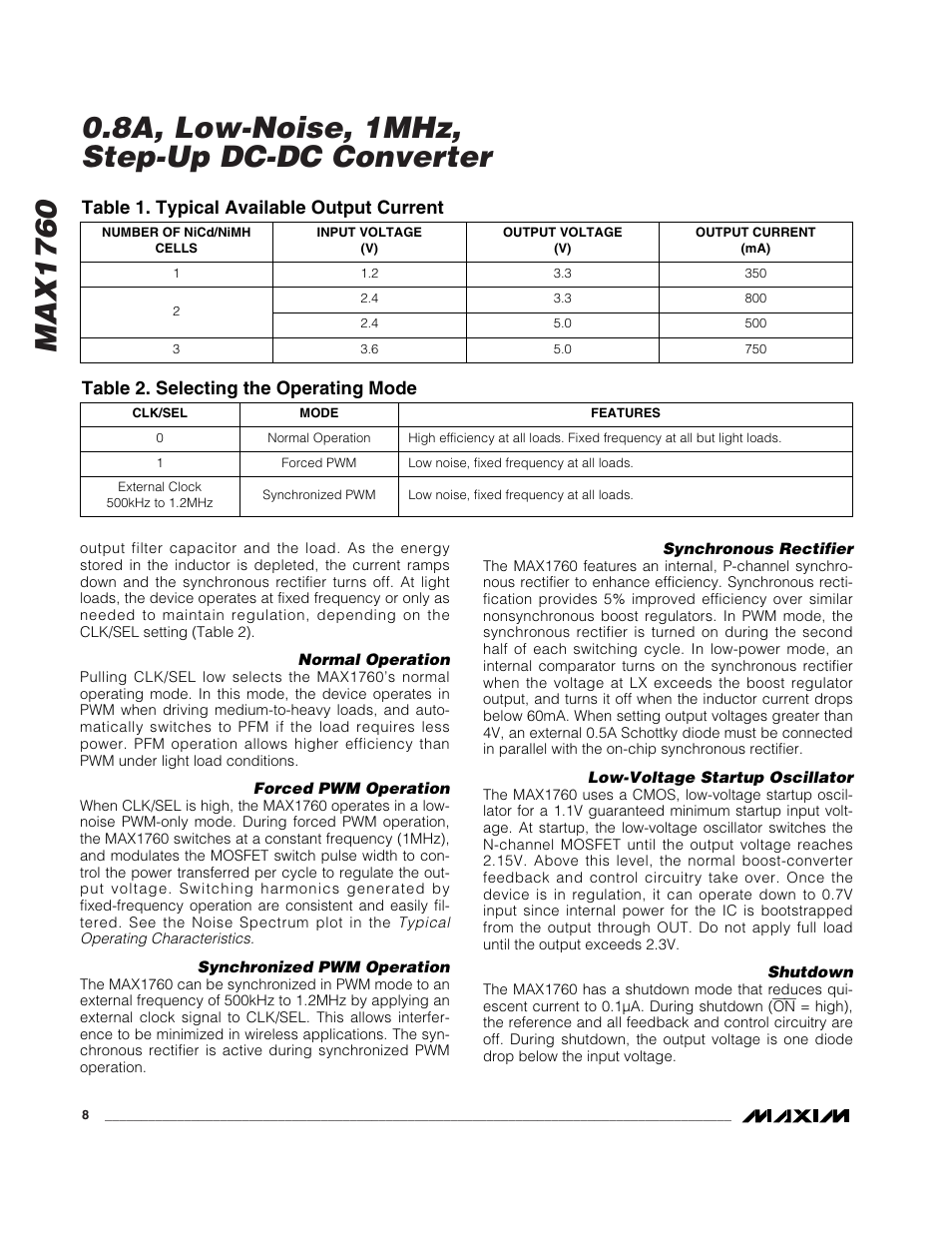 Table 1. typical available output current, Table 2. selecting the operating mode | Rainbow Electronics MAX1760 User Manual | Page 8 / 12