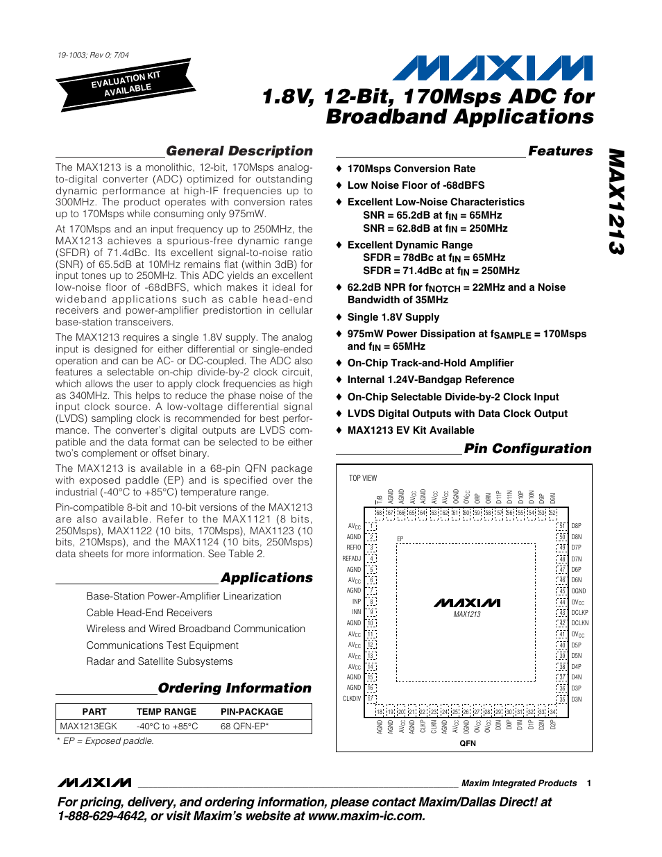 Rainbow Electronics MAX1213 User Manual | 21 pages