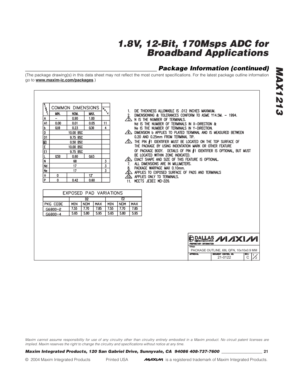 Package information (continued) | Rainbow Electronics MAX1213 User Manual | Page 21 / 21